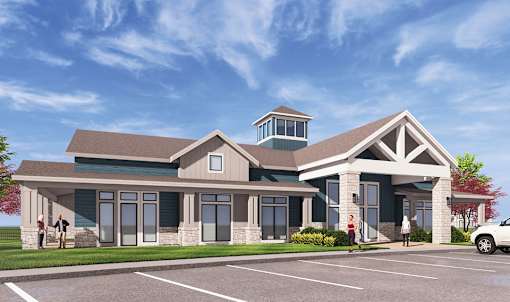 A rendering of a building with a parking lot in front at Montage at Hawk Ridge Apartments, Lake St. Louis, MO 63367
