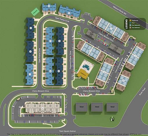 A map shows a layout of a town square avenue with streets, buildings, and parking lots.
