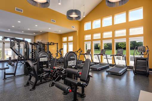 A gym with a variety of equipment including treadmills, weights, and exercise machines at Montage at Hawk Ridge Apartments, Lake St. Louis, 63367, Missouri