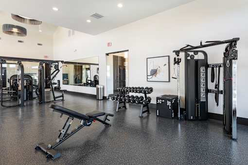 A gym with a variety of equipment including a leg press machine at Montage at Hawk Ridge Apartments, Lake St. Louis, 63367, Missouri