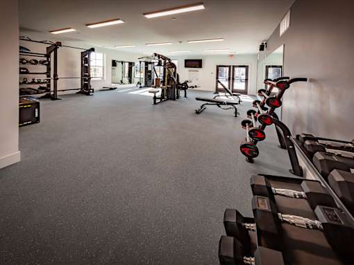 A gym with a variety of equipment including weights and cardio machines.