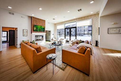 A living room with a couch and a coffee table.