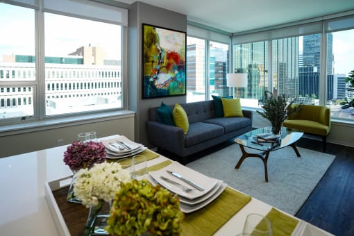 living room with oversized windows with views  at Two Twelve Clayton, Clayton, Missouri