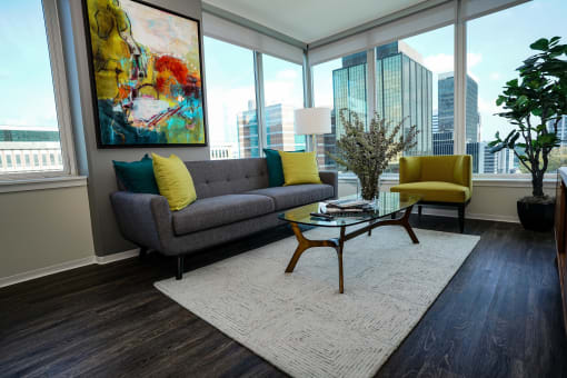 living room with oversized windows  at Two Twelve Clayton, Clayton, MO, 63105