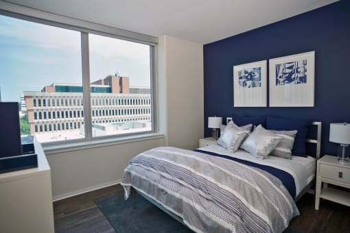 bedroom with oversized windows  at Two Twelve Clayton, Clayton, Missouri