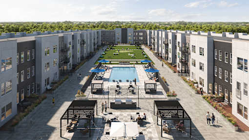 A large outdoor pool surrounded by apartment buildings at Mila Apartments, Missouri