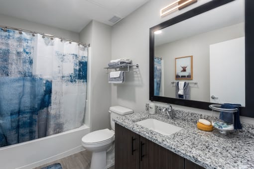 model bathroom with granite countertop vanity, large mirror and designer lighting  at The Residences at Delmar DivINe, St Louis, MO