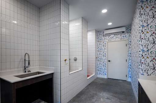 A bathroom with a white sink and a white door.