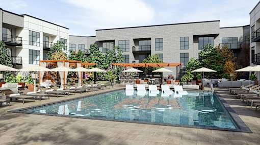 Resort-Style Interior Courtyard with Pool, Cabanas, Bocce Ball, Putting Greens, Fire Tables, and Outdoor Kitchen