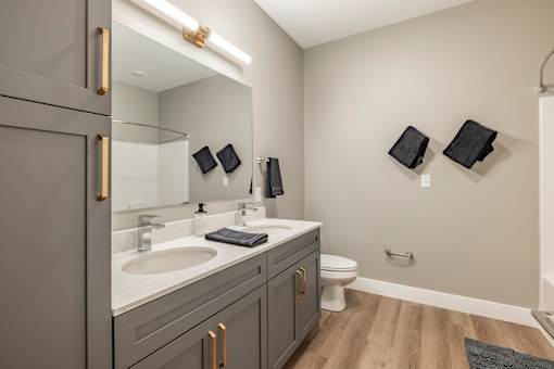 A bathroom with a sink, toilet, and mirror.at Preserve at Sycamore Creek, Missouri 65065