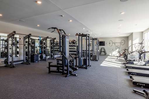 A well-equipped gym with various exercise machines and weights.at Preserve at Sycamore Creek, Osage Beach, Missouri