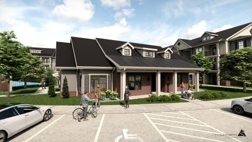 a rendering of a house with people walking and cycling in front of it at The James at Chatham Hills, Westfield, Indiana