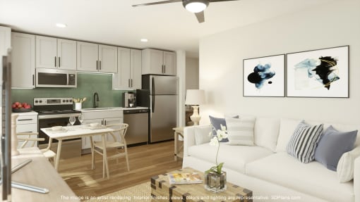 a rendering of a living room and kitchen in an apartment at The Rail, St. Louis