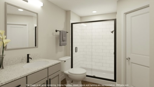a bathroom with a shower and a sink and a toilet at The Rail, St. Louis Missouri