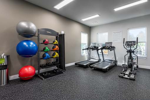A gym with treadmills, exercise balls, and weights.