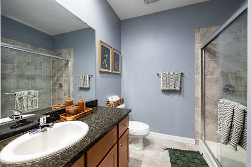 A bathroom with a sink, toilet, and shower.