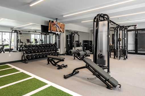 A gym with a variety of equipment including weights and a bench.