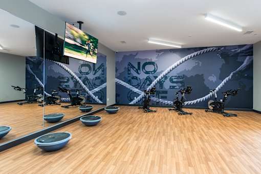 A gym with a wall mural and exercise equipment.