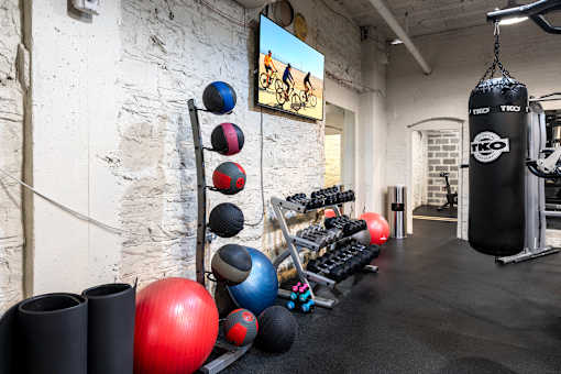 A gym with a punching bag, weights and exercise balls.