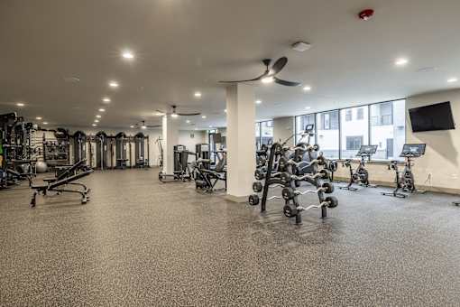 A spacious gym with a variety of equipment.