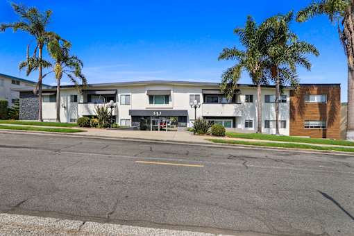 A building with a white facade and a brown door is surrounded by palm trees.