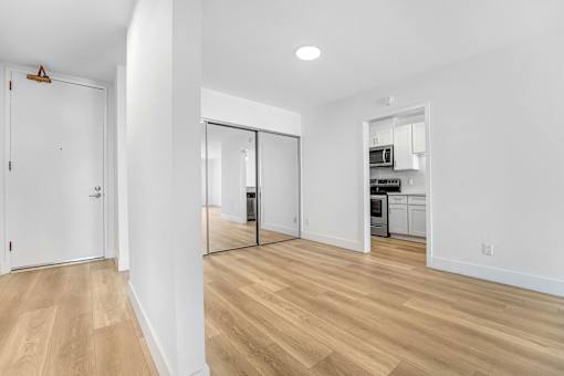 A white room with a wooden floor and a white door.