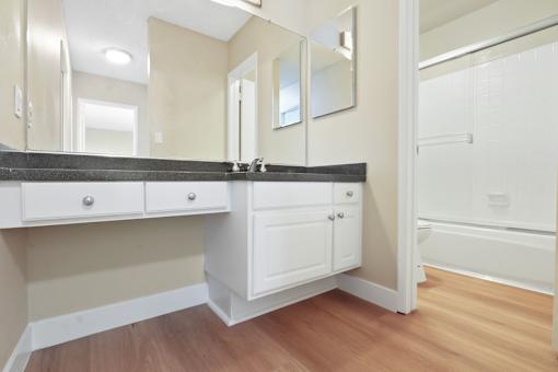 A bathroom with a vanity and a mirror.