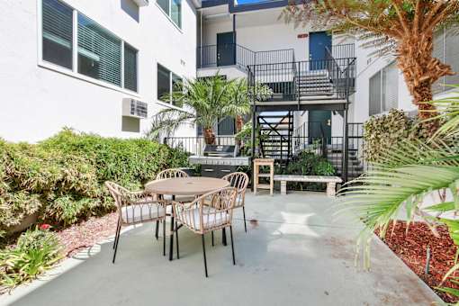 A patio with a table and chairs is surrounded by green plants.