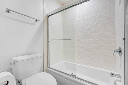 A white toilet sits next to a glass shower door in a bathroom.