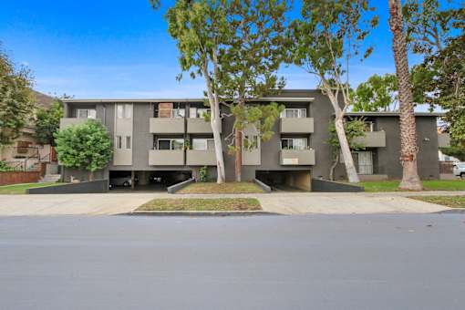 Apartment building with a tree in front.