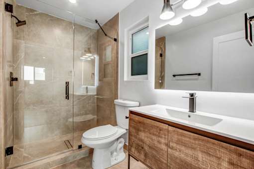 A modern bathroom with a walk-in shower and a toilet.