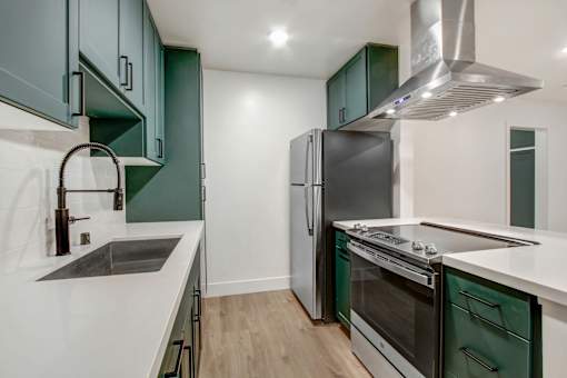 A modern kitchen with green cabinets and stainless steel appliances.