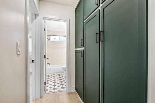 A bathroom with a white door and a green cabinet.