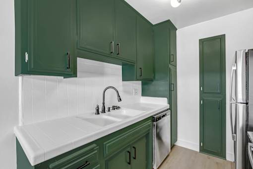 A kitchen with green cabinets and a white sink.