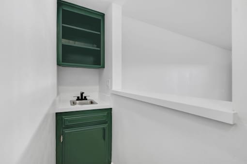 A green cabinet with a white sink and a white shelf.