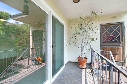 A balcony with a glass door and a potted plant.