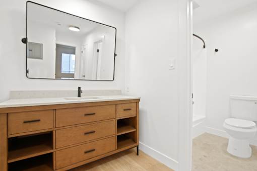 A bathroom with a sink, mirror, and toilet.