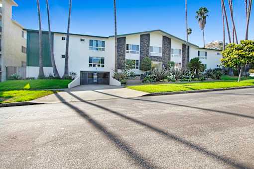 A sunny day at the apartment complex with palm trees and a clear blue sky.