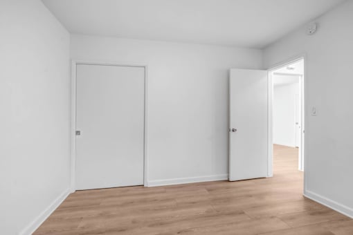 A room with two white doors and wooden flooring.