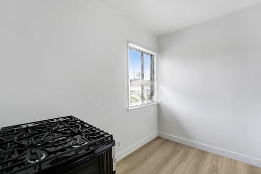 A black gas stove in a room with a window.