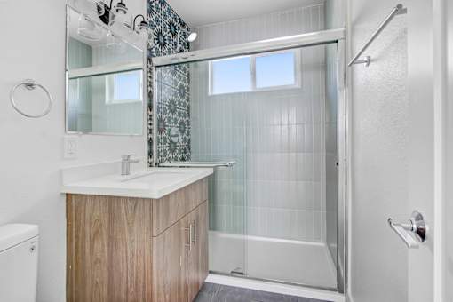 A bathroom with a walk-in shower and a toilet.