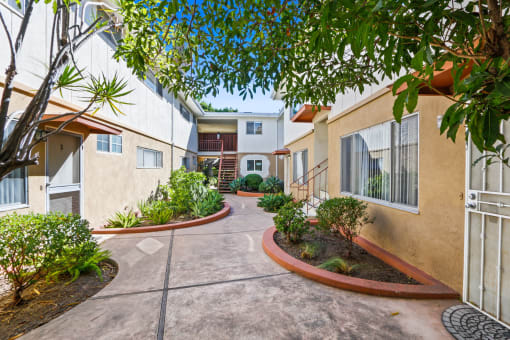 a courtyard between two buildings with trees and plants