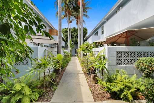 A concrete walkway leads between two white buildings with a fence and green plants on either side.