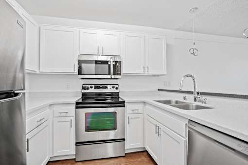 A modern kitchen with white cabinets and stainless steel appliances.