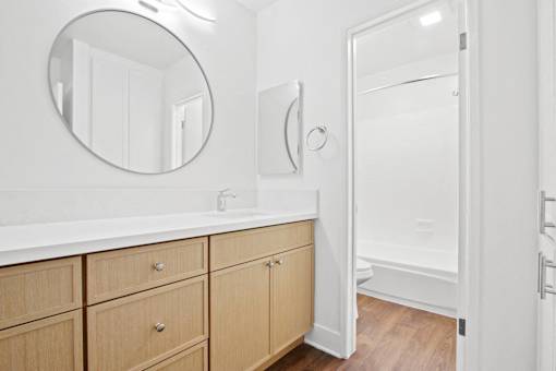 A bathroom with a mirror, sink, and wooden cabinets.
