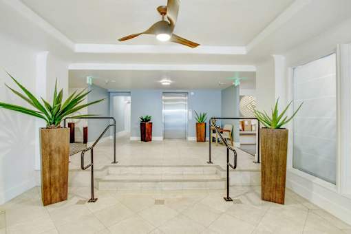 A hallway with a ceiling fan and potted plants.