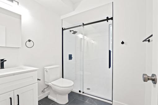 A white toilet sits next to a walk-in shower.