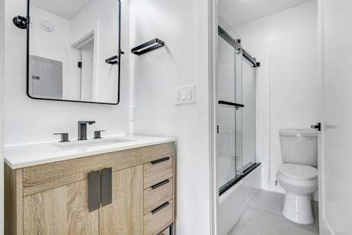 A bathroom with a white toilet and a sink with a mirror above it.
