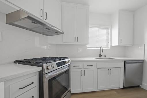 A modern kitchen with white cabinets and a stainless steel dishwasher.