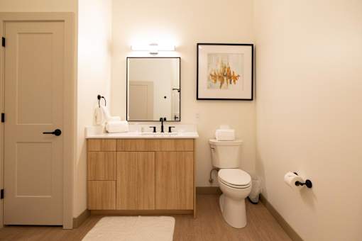 A bathroom with a toilet, sink, and mirror.